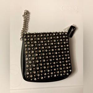 Leather Embellished Rhinestones & Studded Small Purse with Chain & Leather Strap